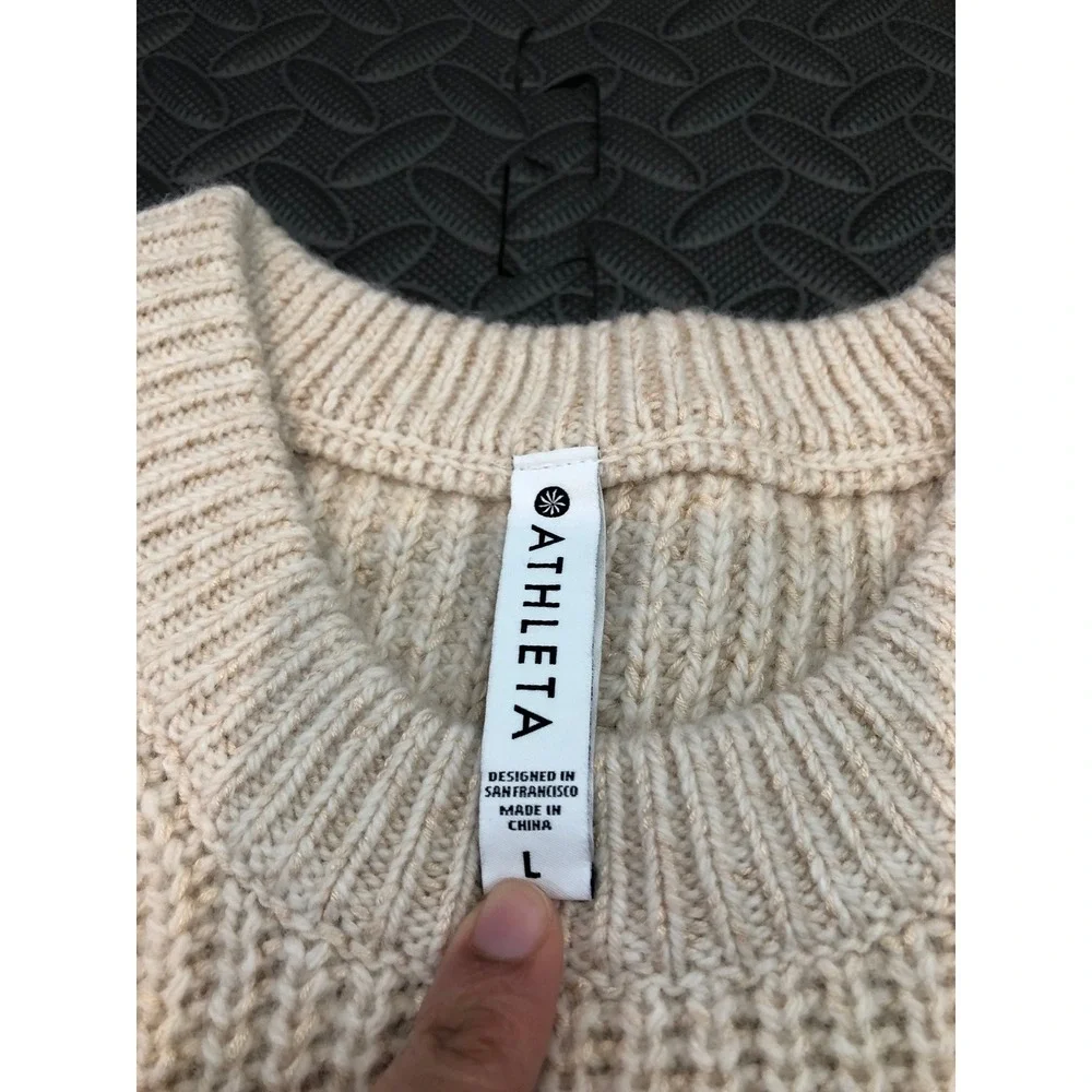 Athleta Sierra Crew Neck‎ Sweater Wool Blend Rib Chunky Knit Beige Tan Sz L